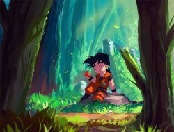 Rule 34 | 1boy, ^ ^, arm support, child, closed eyes, commentary, dougi, dragon ball, dragonball z, eating, english commentary, food, forest, fruit, grass, highres, holding, holding food, holding fruit, male focus, nature, ownahole, rock, sitting, solo, son gohan, tree