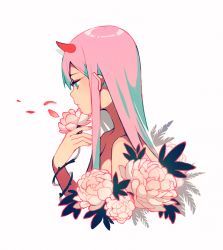 Rule 34 | 10s, 1girl, closed mouth, commentary, darling in the franxx, english commentary, eyeshadow, flower, flower request, from side, green eyes, holding, holding flower, horns, long hair, makeup, nude, petals, pink hair, plant, satchely, simple background, solo, upper body, vines, white background, zero two (darling in the franxx)