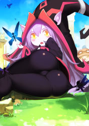 Rule 34 | 1boy, 1girl, ass, black pantyhose, blush stickers, clothes pull, day, hat, highres, league of legends, long hair, long sleeves, looking at viewer, lulu (league of legends), lying, nero (nilu), open mouth, outdoors, pantyhose, pantyhose pull, pix (league of legends), pointy ears, purple hair, solo focus, teemo, very long hair, yellow eyes