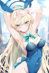 Rule 34 | 1girl, animal ears, armpits, arms up, blonde hair, blue archive, blue bow, blue eyes, blue halo, blue leotard, bow, braid, breasts, city, cityscape, cleavage, collar, covered navel, detached collar, earpiece, fake animal ears, french braid, halo, highres, large breasts, leotard, long hair, looking at viewer, official alternate costume, official alternate hairstyle, playboy bunny, rabbit ears, solo, strapless, strapless leotard, toki (blue archive), toki (bunny) (blue archive), upper body, uu-tan (hushigi10), very long hair, white collar