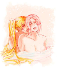 Rule 34 | 2girls, bath, bathing, blonde hair, blue eyes, blush, breasts, cleavage, clenched teeth, closed eyes, collarbone, facial mark, facing another, facing viewer, genderswap, genderswap (mtf), hair tie, half-closed eyes, haruno sakura, hug, hug from behind, implied fingering, implied sex, in water, large breasts, long hair, looking at another, multiple girls, musesilver, naruko (naruto), naruto, naruto (series), nude, open mouth, parted lips, partially submerged, pink hair, same-sex bathing, sexy no jutsu, shared bathing, short hair, teeth, tongue, twintails, upper body, uzumaki naruto, water, wet, wet hair, whisker markings, whiskers, yuri
