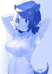 Rule 34 | 1girl, absurdres, armadillo ears, armadillo tail, arms behind head, arms up, bare arms, blue theme, blunt bangs, breasts, collarbone, commentary, dress shirt, extra ears, eyes visible through hair, giant armadillo (kemono friends), gradient background, hat, highres, impossible clothes, impossible shirt, kemono friends, large breasts, looking at viewer, masuyama ryou, medium hair, monochrome, no pants, shirt, short sleeves, simple background, solo, upper body, water drop, wet, wet clothes, wing collar