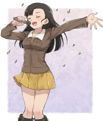 Rule 34 | 1girl, asymmetrical bangs, black footwear, blunt ends, blush, boots, brown hair, brown jacket, chi-hatan military uniform, closed eyes, commentary, girls und panzer, holding, holding microphone, jacket, knee boots, light blush, long hair, long sleeves, meis (terameisu), microphone, military, military uniform, miniskirt, music, nishi kinuyo, open mouth, outside border, outstretched arm, pleated skirt, purple background, singing, skirt, smile, solo, sparkle, standing, straight hair, uniform, yellow skirt