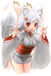 1girl ahoge animal_ears bad_id bad_pixiv_id blush female_focus flower hair_flower hair_ornament highres hiro1984 japanese_clothes kimono long_hair long_sleeves obi original red_eyes sash short_kimono smile solo tail white_hair wide_sleeves wolf_ears wolf_tail