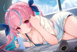Rule 34 | 1girl, ahoge, bare shoulders, blue bra, blue hair, blush, bra, breasts, cellphone, cleavage, colored inner hair, comodomodo, earphones, hair ornament, hair ribbon, highres, holding, holding phone, hololive, indoors, large breasts, long hair, looking at viewer, minato aqua, multicolored hair, off shoulder, on bed, phone, pink eyes, pink hair, ribbon, shirt, short shorts, shorts, smartphone, smile, solo, twintails, two-tone hair, underwear, virtual youtuber, white shirt