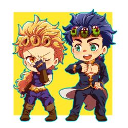 Rule 34 | 2boys, bad id, bad pixiv id, blonde hair, blue hair, boots, brown footwear, bug, chibi, cosplay, costume switch, earrings, father and son, fingerless gloves, giorno giovanna, giorno giovanna&#039;s pose (jojo), giorno giovanna (cosplay), gloves, green eyes, hair ornament, hairclip, insect, jewelry, jojo no kimyou na bouken, jojo pose, jonathan joestar, jonathan joestar&#039;s pose (jojo), jonathan joestar (cosplay), koma saburou, ladybug, long hair, male focus, multiple boys, open mouth, outline, round teeth, smile, teeth, vento aureo, yellow eyes