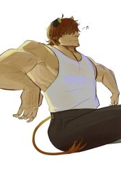 Rule 34 | 1boy, absurdres, animal ears, bara, brody (plateforrat), broken horn, brown hair, cow boy, cow ears, cow horns, cow tail, facing ahead, hair over eyes, highres, horns, invisible chair, large pectorals, male focus, mature male, muscular, muscular male, musical note, nipple slip, nipples, original, pectorals, plateforrat, short hair, sitting, solo, sparse stubble, tail, tank top, white tank top