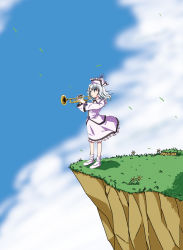 Rule 34 | 1girl, cliff, cloud, day, dress, female focus, flower, grass, hat, instrument, merlin prismriver, shino (ponjiyuusu), skirt, sky, solo, touhou, trumpet, wind