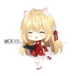 Rule 34 | 1girl, :d, ^ ^, ahoge, animal ear fluff, animal ears, bare shoulders, blonde hair, bow, bowl, breasts, cat ears, cat girl, cat tail, chibi, china dress, chinese clothes, cleavage cutout, closed eyes, clothing cutout, copyright request, detached sleeves, dress, english text, facing viewer, fang, flower, food, frilled sleeves, frills, hair between eyes, hair flower, hair ornament, hair ribbon, holding, holding tray, loading (verjuice), long hair, long sleeves, noodles, open mouth, red bow, red dress, red footwear, red ribbon, red sleeves, ribbon, shoes, simple background, sleeveless, sleeveless dress, sleeves past wrists, small breasts, smile, solo, standing, tail, tail bow, tail ornament, thighhighs, transparent background, tray, very long hair, watermark, web address, white background, white flower, white thighhighs, wide sleeves