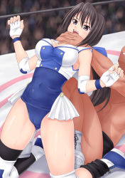 Rule 34 | 1boy, 1girl, adapted costume, asphyxiation, backbreaker, black hair, black thighhighs, blouse, blue bow, boots, botan m, bow, breasts, clenched teeth, elbow pads, fingerless gloves, gloves, grey eyes, hair between eyes, hair ribbon, highres, kano ruri, knee pads, lights, long hair, medium breasts, mixed wrestling, muscular, one-piece swimsuit, open mouth, ponytail, ribbon, ring dream, school swimsuit, shirt, single thighhigh, sleeveless, sleeveless shirt, strangling, submission hold, swimsuit, swimsuit under clothes, teeth, thighhighs, wrestling, wrestling outfit, wrestling ring