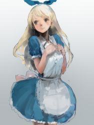 Rule 34 | 1girl, alice (alice in wonderland), alice in wonderland, apron, blonde hair, blue dress, blue eyes, blue skirt, bow, dress, frills, gathers, gradient background, hair bow, hands on own chest, highres, light smile, long hair, looking away, ryuukeichi andromeda, short dress, short sleeves, simple background, sketch, skirt, solo