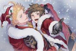 Rule 34 | 2boys, black gloves, blonde hair, blue eyes, bpadult, brown eyes, brown hair, cape, fur-trimmed cape, fur-trimmed gloves, fur-trimmed jacket, fur trim, gloves, gran (granblue fantasy), gran (holly jolly) (granblue fantasy), granblue fantasy, highres, jacket, looking at viewer, male focus, multiple boys, official alternate costume, open mouth, outdoors, red cape, red jacket, seofon (granblue fantasy), seofon (perfect santa suit) (granblue fantasy), shared cape, shared clothes, short hair, smile, snowing, winter