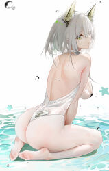 Rule 34 | 1girl, animal ears, arknights, ass, breasts, closed mouth, feet, from behind, green eyes, grey hair, highres, kal&#039;tsit (arknights), legs, looking at viewer, medium breasts, no shoes, omone hokoma agm, one-piece swimsuit, pantyhose, short hair, sideboob, sitting, soles, solo, swimsuit, tagme, toes, wariza, white one-piece swimsuit, white pantyhose