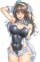 Rule 34 | 1girl, aqua hat, arm behind head, armpits, ashigara (kancolle), black one-piece swimsuit, blush, breasts, brown eyes, brown hair, candy, collarbone, competition swimsuit, cosplay, cowboy shot, food, garrison cap, gloves, hair between eyes, hat, headgear, highleg, highleg swimsuit, highres, kantai collection, kokuzou, large breasts, long hair, one-piece swimsuit, open mouth, scamp (kancolle), scamp (kancolle) (cosplay), short shorts, shorts, side ponytail, simple background, solo, star (symbol), swimsuit, white background, white gloves, white shorts