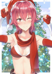 Rule 34 | 10s, 1girl, ;), alternate costume, armpits, arms up, bare shoulders, belt, bikini, bikini top only, blurry, blurry background, blush, border, breasts, brown eyes, christmas, christmas tree, cleavage, closed mouth, collarbone, fur trim, gloves, hair flaps, hair intakes, hat, kanden sky, kantai collection, kinu (kancolle), looking at viewer, medium breasts, navel, nose blush, one eye closed, partially fingerless gloves, red bikini, red gloves, red hair, red hat, red scarf, santa hat, scan, scarf, short hair, smile, solo, stomach, swimsuit, twitter username, upper body, white border, winter