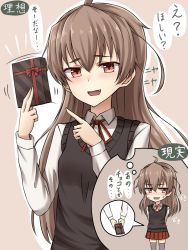 Rule 34 | 1girl, ahoge, arms behind back, blush, box, brown eyes, brown hair, collared shirt, fang, gift, gift box, long hair, looking at viewer, open mouth, original, pleated skirt, pointing, red skirt, ribbon, school uniform, shirt, skirt, solo, sweat, sweater vest, thighhighs, translation request, white shirt, yakob labo