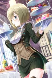 Rule 34 | 1girl, alternative girls, black jacket, black thighhighs, blonde hair, blue eyes, blush, breasts, butler, buttons, cake, champagne bottle, cleavage, cup, detached collar, drink, drinking glass, female butler, food, gem, gloves, green skirt, highres, holding, holding tray, indoors, jacket, long sleeves, looking at viewer, martini, medium breasts, monocle, official art, open clothes, open jacket, parted lips, pencil skirt, short hair, skirt, strawberry shortcake, striped clothes, striped jacket, striped skirt, sylvia richter, teacup, teapot, thighhighs, tray, vertical-striped clothes, vertical-striped jacket, vertical-striped skirt, waitress, white gloves, window