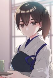 Rule 34 | 1girl, black hair, brown eyes, commentary request, cup, dated, japanese clothes, kaga (kancolle), kantai collection, kimono, koruri, long hair, looking at viewer, muneate, one-hour drawing challenge, parted lips, side ponytail, solo, tasuki, tray, twitter username, upper body, white kimono, window, yunomi