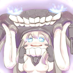 Rule 34 | 10s, 1girl, abyssal ship, aqua eyes, bad id, bad pixiv id, blush, bodysuit, gloves, glowing, glowing eyes, hat, kantai collection, open mouth, pinching, short hair, silver hair, solo, teeth, u-non (annon&#039;an), wo-class aircraft carrier