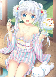 Rule 34 | 1girl, :d, animal ears, artist request, bare shoulders, bear ears, blue eyes, blush, breasts, cleavage, collarbone, cream on body, day, hair between eyes, hair ornament, hair scrunchie, highres, holding, holding spoon, japanese clothes, kimono, kimono skirt, long hair, looking at viewer, medium breasts, obi, open mouth, original, outdoors, sash, scrunchie, silver hair, sitting, smile, solo, spoon, striped clothes, striped kimono, twintails, vertical-striped clothes, vertical-striped kimono, wooden floor