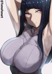 1girl absurdres armpits arms_up black_hair blunt_bangs breasts closed_mouth highres hyuuga_hinata large_breasts light_smile long_hair looking_at_viewer naruto_(series) sidelocks sleeveless solo sweat tomodachi_(tomofanart) twitter_username upper_body