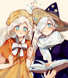 Rule 34 | 1boy, 1girl, blue cloak, blue hat, book, bow, bowtie, capelet, cloak, cookie run, cream puff cookie, dress, food, food-themed hat, hair over one eye, hat, holding, holding book, holding wand, humanization, long hair, magic, open mouth, orange capelet, orange dress, pocky, sapphire (nine), scarf, simple background, very long hair, wand, white background, white bow, white bowtie, white hair, white scarf, wizard cookie, wizard hat