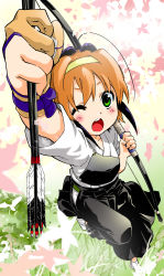 Rule 34 | 1girl, ;o, akira (umihan), archery, arrow (projectile), blush, bow, bow (weapon), cheering, dress, female focus, foreshortening, from above, gloves, grass, green eyes, hairband, hakama, hakama skirt, highres, japanese clothes, kyuudou, leaf, muneate, one eye closed, open mouth, orange hair, original, outdoors, partially fingerless gloves, partly fingerless gloves, short hair, single glove, skirt, socks, solo, standing, standing on one leg, weapon, wink, yugake