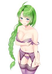 Rule 34 | 1girl, alternate costume, blue eyes, blush, bra, braid, closed mouth, garter straps, green hair, highres, kantai collection, long hair, looking at viewer, mole, mole under mouth, navel, panties, purple bra, purple panties, purple thighhighs, simple background, smile, solo, thighhighs, tongue, tongue out, underwear, very long hair, white background, yuugumo (kancolle), zuki