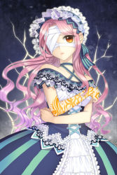 Rule 34 | 1girl, bandage over one eye, bandages, bare shoulders, beuliseuka, clenched hand, collarbone, crossed arms, dress, flint (sword girls), frills, frown, long hair, lowres, maid headdress, orange eyes, parted bangs, pink hair, ribbon, solo, strapless, striped, sword girls, tattoo, very long hair, wavy hair