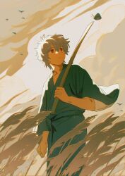 Rule 34 | 1boy, aged down, bird, bokken, bug, butterfly, child, chromatic aberration, clenched hand, cloud, cloudy sky, curly hair, field, gintama, highres, holding, holding sword, holding weapon, insect, japanese clothes, kimono, kusuri, looking up, male focus, open mouth, outdoors, red eyes, sakata gintoki, sky, solo, sword, v formation, weapon, wooden sword