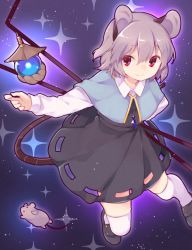 Rule 34 | 1girl, akagashi hagane, animal, animal ears, bishamonten&#039;s pagoda, capelet, dowsing rod, dress, gradient background, grey hair, jewelry, long sleeves, looking at viewer, looking to the side, mouse (animal), mouse ears, mouse tail, nazrin, necklace, red eyes, shoes, short hair, smile, solo, sparkle, tail, thighhighs, touhou, white thighhighs, zettai ryouiki