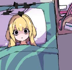 Rule 34 | 1girl, animal ear headphones, animal ears, blonde hair, blue archive, dilated pupils, dr yamero, empty eyes, fake animal ears, frown, glitched halo, halo, headphones, highres, long hair, momoi (blue archive), pillow, under covers