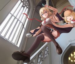 Rule 34 | 1girl, black thighhighs, blonde hair, blue eyes, breasts, brown footwear, brown jacket, brown skirt, chandelier, chibi, closed mouth, falling, from below, full body, garter straps, hair ornament, highres, holding, holding magnifying glass, holding syringe, hololive, hololive english, holster, indoors, jacket, legs, looking at viewer, looking down, magnifying glass, medium breasts, necktie, pleated skirt, red necktie, shirt, shoelaces, shoes, short hair, skirt, smile, smol ame, solo, stairs, syringe, thigh holster, thighhighs, thighs, tongue, tongue out, virtual youtuber, watson amelia, white shirt, window, zeng$ (zwj), zettai ryouiki