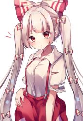 Rule 34 | 1girl, alternate hairstyle, bow, closed mouth, collared shirt, fujiwara no mokou, hair bow, hand on own hip, highres, long hair, looking at viewer, moshihimechan, multiple bows, ofuda, ofuda on clothes, pants, red eyes, red pants, shirt, short sleeves, simple background, solo, standing, suspenders, torn clothes, touhou, very long hair, white background, white hair, white shirt