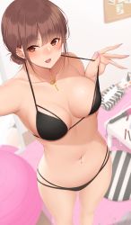 Rule 34 | 1girl, :d, absurdres, arm up, armpits, ball, bare shoulders, bikini, black bikini, blush, breasts, brown eyes, brown hair, cleavage, collarbone, cushion, feet out of frame, fingernails, hair bun, highres, indoors, jewelry, kirou (kiruyuu1210), large breasts, long fingernails, looking at viewer, mirror, nail polish, navel, navel piercing, necklace, nose blush, open mouth, original, piercing, pink nails, selfie, short hair, single hair bun, smile, solo, standing, stomach, strap lift, swimsuit, table, tissue box