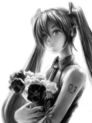 Rule 34 | 1girl, bad id, bad pixiv id, bouquet, face, flower, greyscale, hatsune miku, long hair, monochrome, necktie, occult soda, simple background, solo, tattoo, twintails, vocaloid