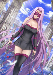 Rule 34 | 1girl, bare shoulders, black dress, black thighhighs, blindfold, blue sky, breasts, chain, cleavage, collar, detached sleeves, dress, facial mark, fate/stay night, fate (series), feathers, forehead, forehead mark, highres, large breasts, long hair, medusa (fate), medusa (rider) (fate), nameless dagger (fate), parted bangs, pillar, purple hair, ryuuneart, short dress, sidelocks, sky, solo, thighhighs, thighs, very long hair, weapon