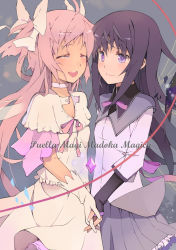 Rule 34 | 10s, 2girls, akemi homura, alternate hairstyle, black hair, bow, dress, evers, gloves, hair bow, highres, holding hands, kaname madoka, long hair, magical girl, mahou shoujo madoka magica, mahou shoujo madoka magica (anime), multiple girls, pink hair, smile, spoilers, tears, twintails, two side up, ultimate madoka, white gloves