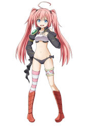 Rule 34 | 1girl, :d, ahoge, asymmetrical legwear, black panties, blue eyes, bow, fang, full body, hand on own chest, highres, jd (bibirijd), long sleeves, looking at viewer, midriff, milim nava, open mouth, panties, pink hair, smile, solo, striped clothes, striped thighhighs, tensei shitara slime datta ken, thighhighs, underwear, uneven legwear