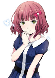 Rule 34 | 10s, 1girl, blue dress, blunt bangs, bow, brown hair, bug, butterfly, collarbone, dress, eyebrows, green eyes, hair bow, hand on own chin, highres, insect, looking at viewer, masaki (mayoiga), mayoiga, parted lips, pink hair, red bow, shichouson, short hair, short sleeves, simple background, smile, solo, tears, upper body, white background