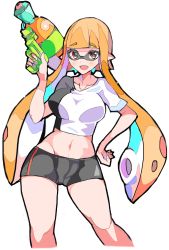 Rule 34 | 1girl, :d, bike shorts, blunt bangs, blush, breasts, cameltoe, collarbone, crop top, enpe, fang, highres, holding, inkling, inkling girl, inkling player character, large breasts, legs apart, long hair, multicolored clothes, multicolored shirt, navel, nintendo, open mouth, orange hair, pointy ears, red eyes, shirt, short sleeves, simple background, smile, solo, splatoon (series), splatoon 2, splattershot (splatoon), t-shirt, tentacle hair, very long hair, white background
