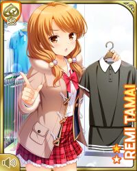 Rule 34 | 1girl, :o, blazer, blue jacket, bow, bowtie, brown coat, brown eyes, brown hair, card (medium), coat, day, girlfriend (kari), holding, indoors, jacket, looking at viewer, low twintails, official art, open clothes, open jacket, open mouth, plaid, plaid skirt, pleated skirt, qp:flapper, red bow, red skirt, school uniform, shirt, skirt, socks, solo, standing, tagme, tamai remi, twintails, white shirt