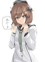 Rule 34 | 1girl, absurdres, black sailor collar, brown eyes, brown hair, cherry blossoms, clenched hand, disuto, dress, flower, grey neckwear, hair flower, hair ornament, headgear, headset, highres, kantai collection, sailor collar, sailor dress, short hair, simple background, solo, speaking tube headset, white background, yukikaze (kancolle), yukikaze kai ni (kancolle)