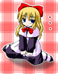 Rule 34 | ..., 1girl, apron, black dress, blonde hair, blue eyes, bow, bowtie, capelet, checkered background, doll, dress, expressionless, female focus, full body, gradient background, hair bow, long hair, long sleeves, looking at viewer, murabito, red bow, red bowtie, ribbon, shanghai doll, sitting, solo, spread legs, touhou, wariza, wavy hair, white apron, white legwear