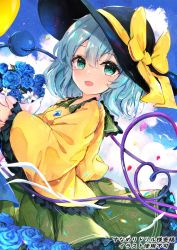 Rule 34 | 1girl, bad id, bad twitter id, balloon, black hat, blouse, blue flower, blue rose, blush, bouquet, bow, buttons, cloud, commentary, cowboy shot, diamond button, field, flower, flower field, frilled shirt collar, frilled skirt, frilled sleeves, frills, green eyes, green hair, green skirt, hair between eyes, hat, hat bow, heart, heart of string, highres, holding, holding bouquet, komeiji koishi, lily (flower), long sleeves, looking at viewer, medium hair, open mouth, rose, shangurira, shirt, skirt, sky, smile, solo, third eye, tongue, touhou, white flower, wide sleeves, yellow bow, yellow shirt