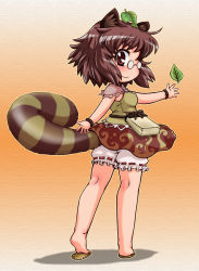 Rule 34 | 1girl, animal ears, bloomers, bracelet, brown eyes, brown hair, female focus, futatsuiwa mamizou, glasses, highres, jewelry, leaf, leaf on head, notepad, object on head, outstretched arms, pince-nez, raccoon ears, raccoon tail, sandals, shirt, short hair, skirt, smile, solo, tachikawa, tail, tanuki, touhou, underwear