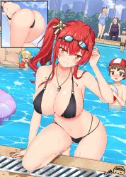 Rule 34 | 4boys, 5girls, azur lane, ball, bare shoulders, beachball, bikini, black bikini, black hair, blush, breasts, brown hair, child, chinese commentary, cityscape, cleavage, collarbone, commentary request, goggles, goggles on head, grey hair, highleg, highleg bikini, highres, innertube, italian flag, large breasts, mixed-language commentary, multi-strapped bikini, multiple boys, multiple girls, multiple straps, multiple views, navel, o-ring, o-ring bikini, old, old man, old woman, one-piece swimsuit, pool, poolside, ppshex, red hair, side ponytail, sitting, standing, swim ring, swimsuit, thighs, twintails, water, wet, wet hair, whistle, zara (azur lane), zara (poolside coincidence) (azur lane)