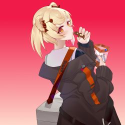 Rule 34 | 1girl, animal ears, arknights, bag, bear ears, blonde hair, blush, brown jacket, candy hair ornament, carrying, chinese commentary, commentary request, cookie, facing away, food, food-themed hair ornament, gradient background, gummy (arknights), hair ornament, highres, holding, holding bag, holding food, hongbaise raw, jacket, looking at viewer, looking back, orange eyes, red background, short hair, shoulder carry, simple background, solo, upper body, white background