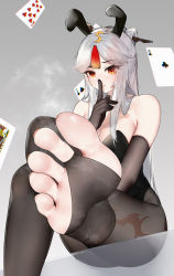 Rule 34 | 1girl, animal ears, bare shoulders, black gloves, black leotard, black pantyhose, breasts, bridal legwear, card, cleavage, crossed legs, elbow gloves, fake animal ears, feet, finger to mouth, foot focus, genshin impact, gloves, hair ornament, hair over shoulder, hair stick, highres, large breasts, leg tattoo, leotard, long hair, looking at viewer, ningguang (genshin impact), pantyhose, parted bangs, playboy bunny, playing card, rabbit ears, red eyes, shushing, sidelocks, sitting, smell, soles, solo, strapless, strapless leotard, tassel, tassel hair ornament, tattoo, toeless legwear, toenails, toes, wd (1106592840), white hair