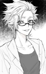 Rule 34 | 1boy, collarbone, eyebrows hidden by hair, glasses, greyscale, grin, highres, jacket, kanou aogu, looking at viewer, male focus, monochrome, open clothes, open jacket, ph-ping, portrait, round eyewear, saibou shinkyoku, shirt, short hair, sketch, smile, solo